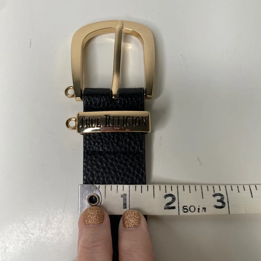 True Religion Textured‎ Vegan Leather Black Belt Gold Buckle Women's Size 38